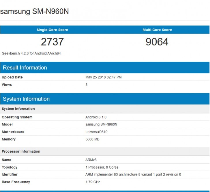 Samsung Galaxy Note 9 появился в бенчмарке Geekbench