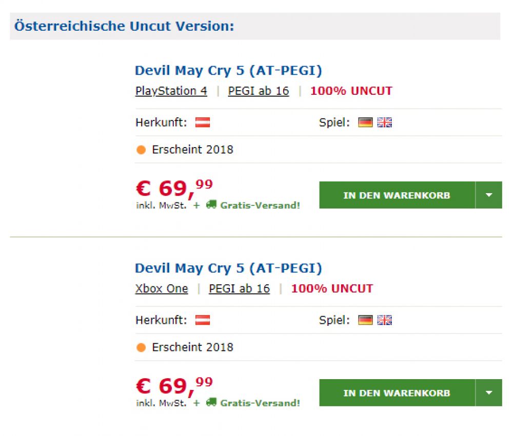 Devil May Cry 5 для PS4 и Xbox One замечена в австрийском магазине